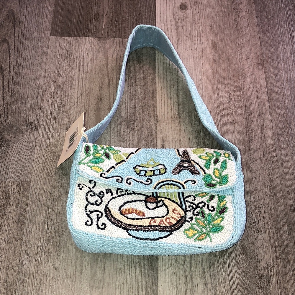 Sol And Mer Hand Beaded Blue Multi Colored Paris Cafe Scene Shoulder Bag NWT